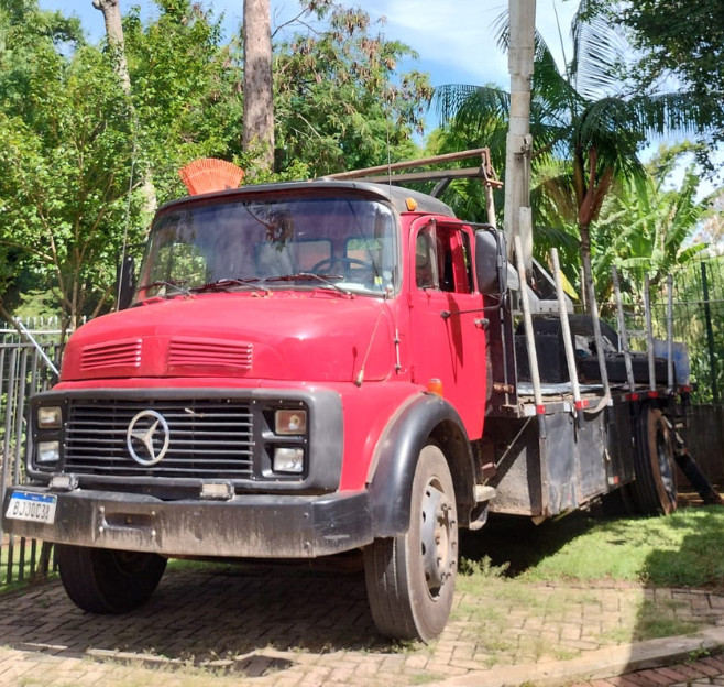 Caminhão munck com cesto aéreo realizando poda de árvore em Sorocaba